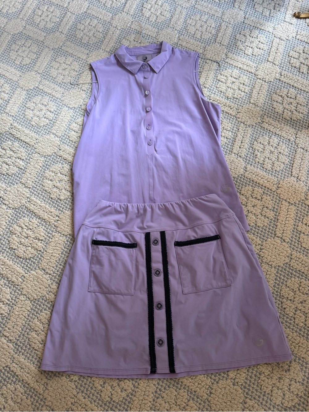 Foray Golf Outfit -Sleeveless Lavender top with matching skirt,navy button/trim